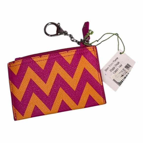 Vera Bradley Pink and Orange Ziggy Zags Chevron Card Holder Keychain Wallet - Picture 3 of 4